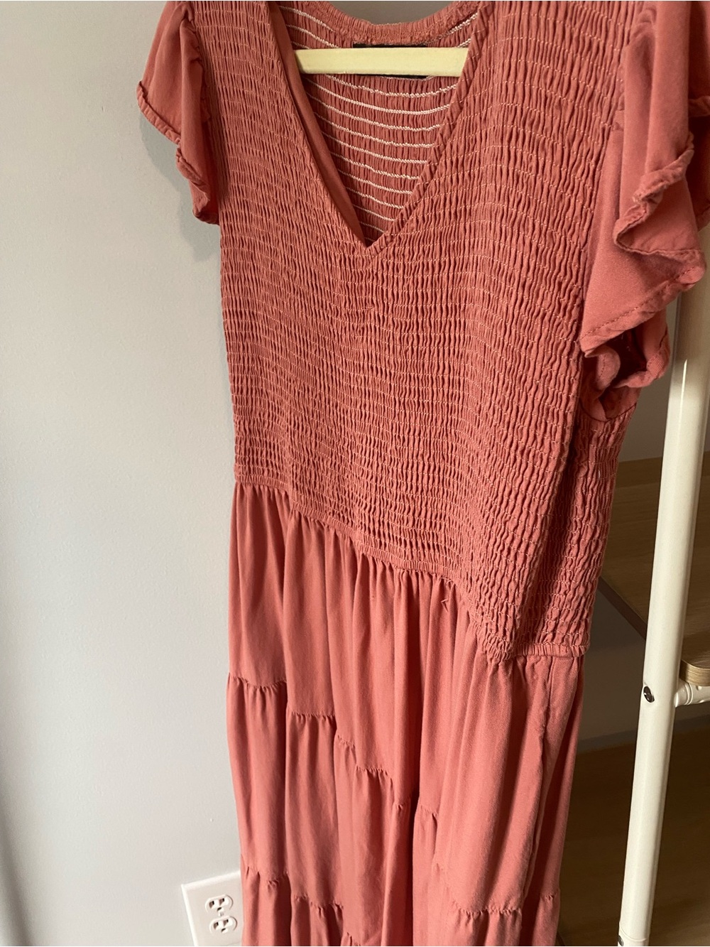 Smocked V-Neck Tiered Midi Dress in Dusty Rose